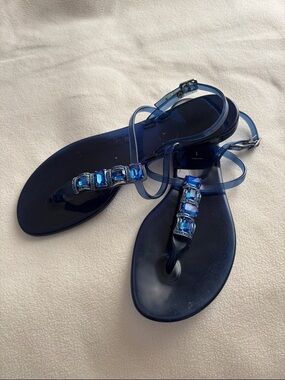 Casadei Navy Blue Jeweled T-Strap Sandals